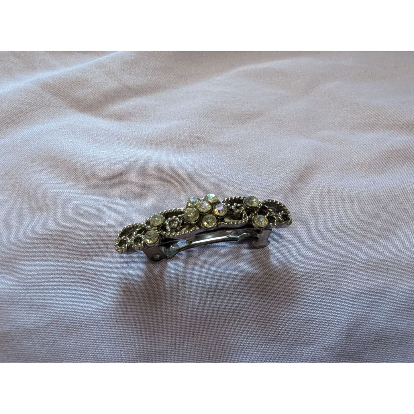 Vintage Rhinestone & Metal Floral Hair Barrette Clip