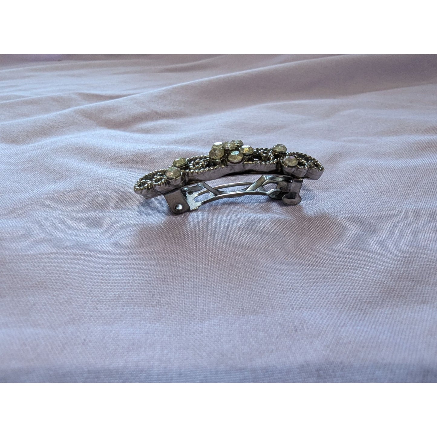 Vintage Rhinestone & Metal Floral Hair Barrette Clip