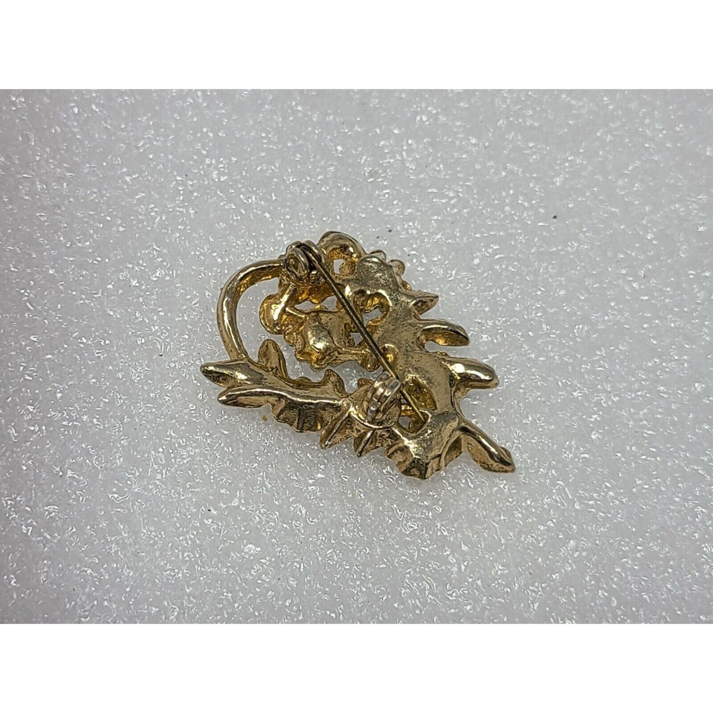 Vintage Flower Brooch Pink & Green Enamel W/ Blue Rhinestones Gold Tone