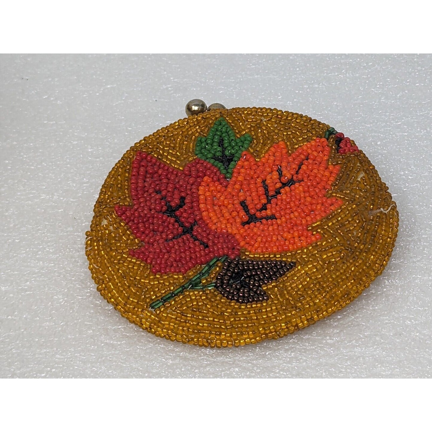 Vintage Beaded Coin Purse With Leaves Hand Made In Korea