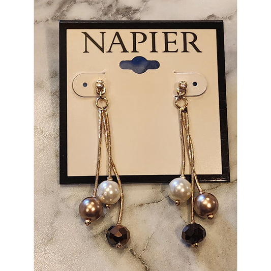 Napier Gold-Tone Dangling Earrings With Faux Pearls & Faceted Beads