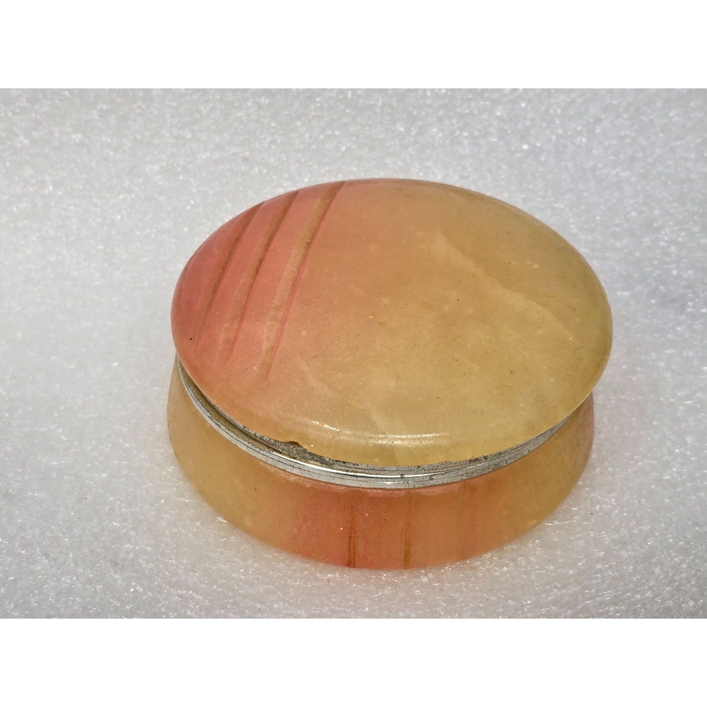 Vintage Peach Alabaster Stone Trinket Box Hinged Round Marble Jewelry Pill Box