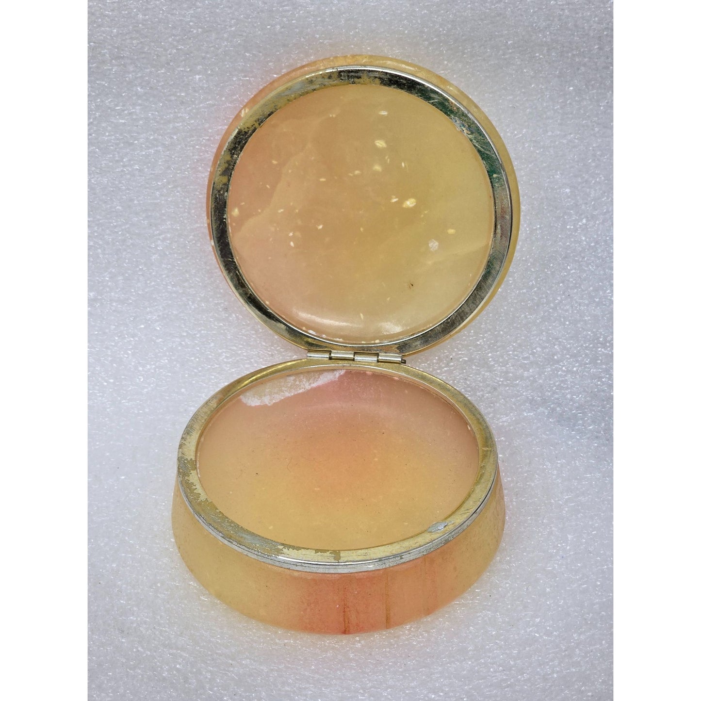 Vintage Peach Alabaster Stone Trinket Box Hinged Round Marble Jewelry Pill Box