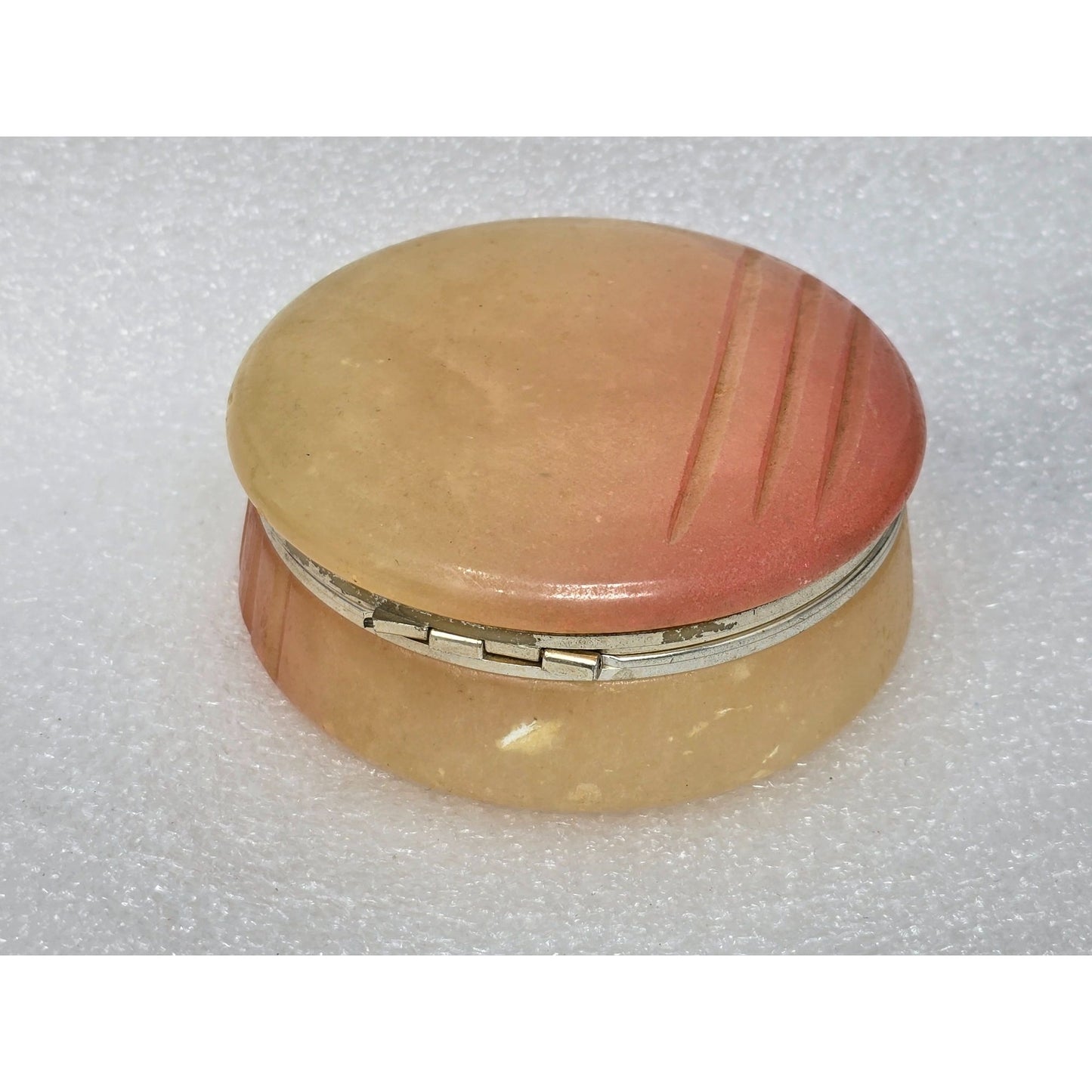 Vintage Peach Alabaster Stone Trinket Box Hinged Round Marble Jewelry Pill Box