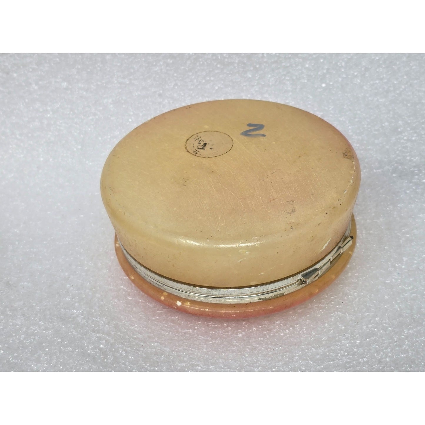 Vintage Peach Alabaster Stone Trinket Box Hinged Round Marble Jewelry Pill Box