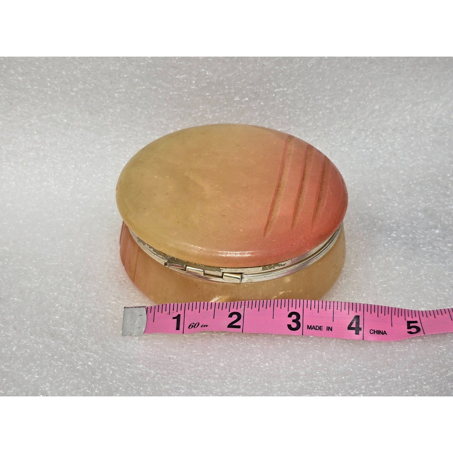 Vintage Peach Alabaster Stone Trinket Box Hinged Round Marble Jewelry Pill Box