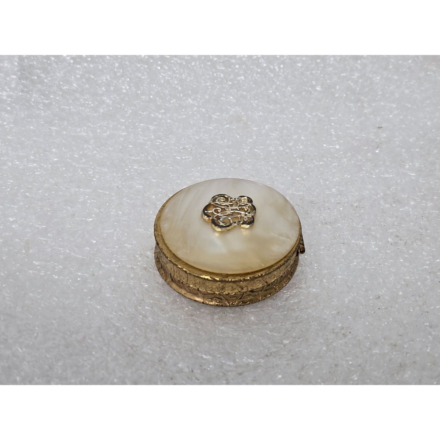 Vintage Estee Lauder Gold Tone Compact Pill Box Mother of Pearl Lid Ornate