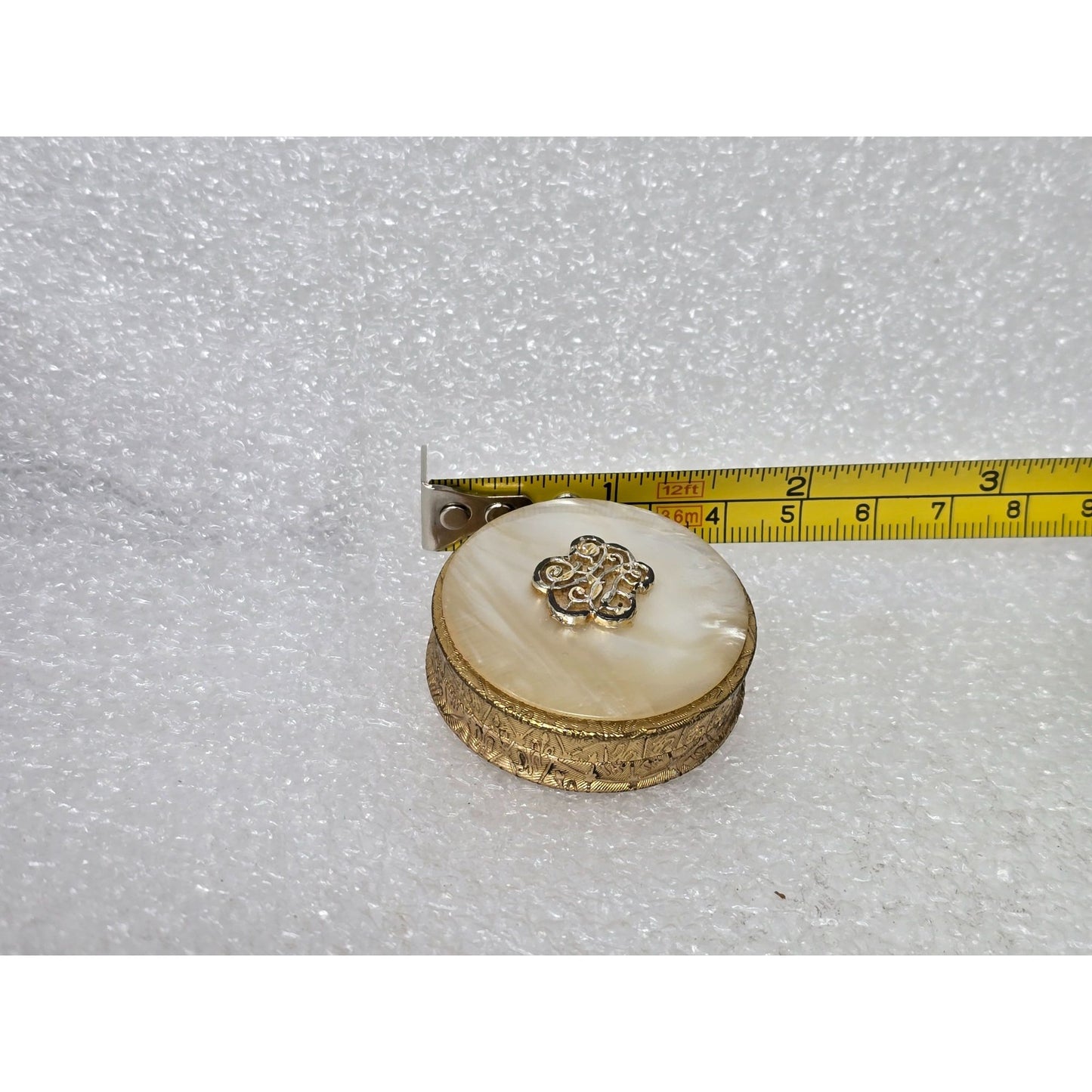 Vintage Estee Lauder Gold Tone Compact Pill Box Mother of Pearl Lid Ornate