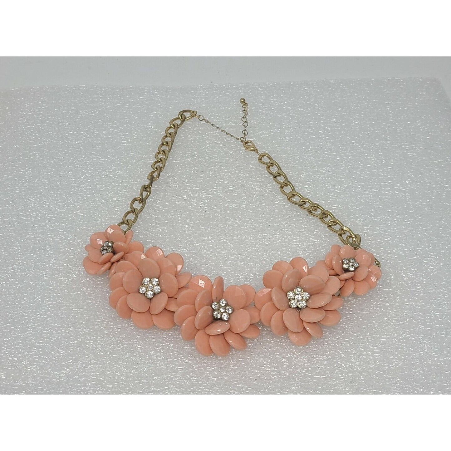 Pink Flower Necklace Gold Tone w/Rhinestones