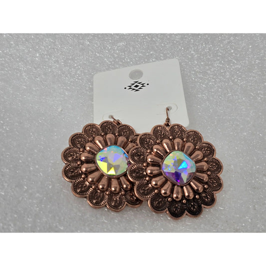 Copper Tone Floral Pattern Earrings With Iridescent Gemstone Center