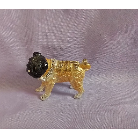 Vintage Gold Tone & Black Pug Dog Brooch Pin Rhinestones Adorable Animal Jewelry