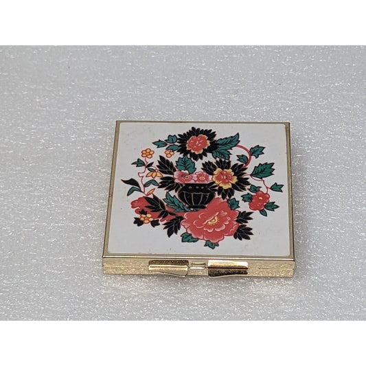 Vintage Floral White Makeup Powder Mirror Compact Mid-century Gold Tone