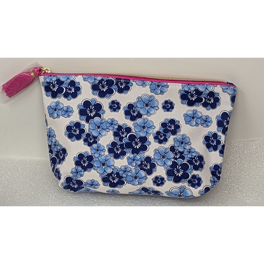 Estée Lauder Recycled Fabric Makeup Cosmetic Bag Blue Floral & Geometric Design