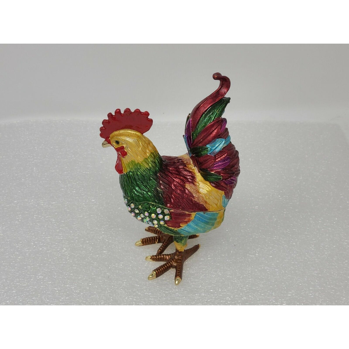 Rhinestone Enamel Rooster Trinket Jewelry Pill Box Hinged Chicken