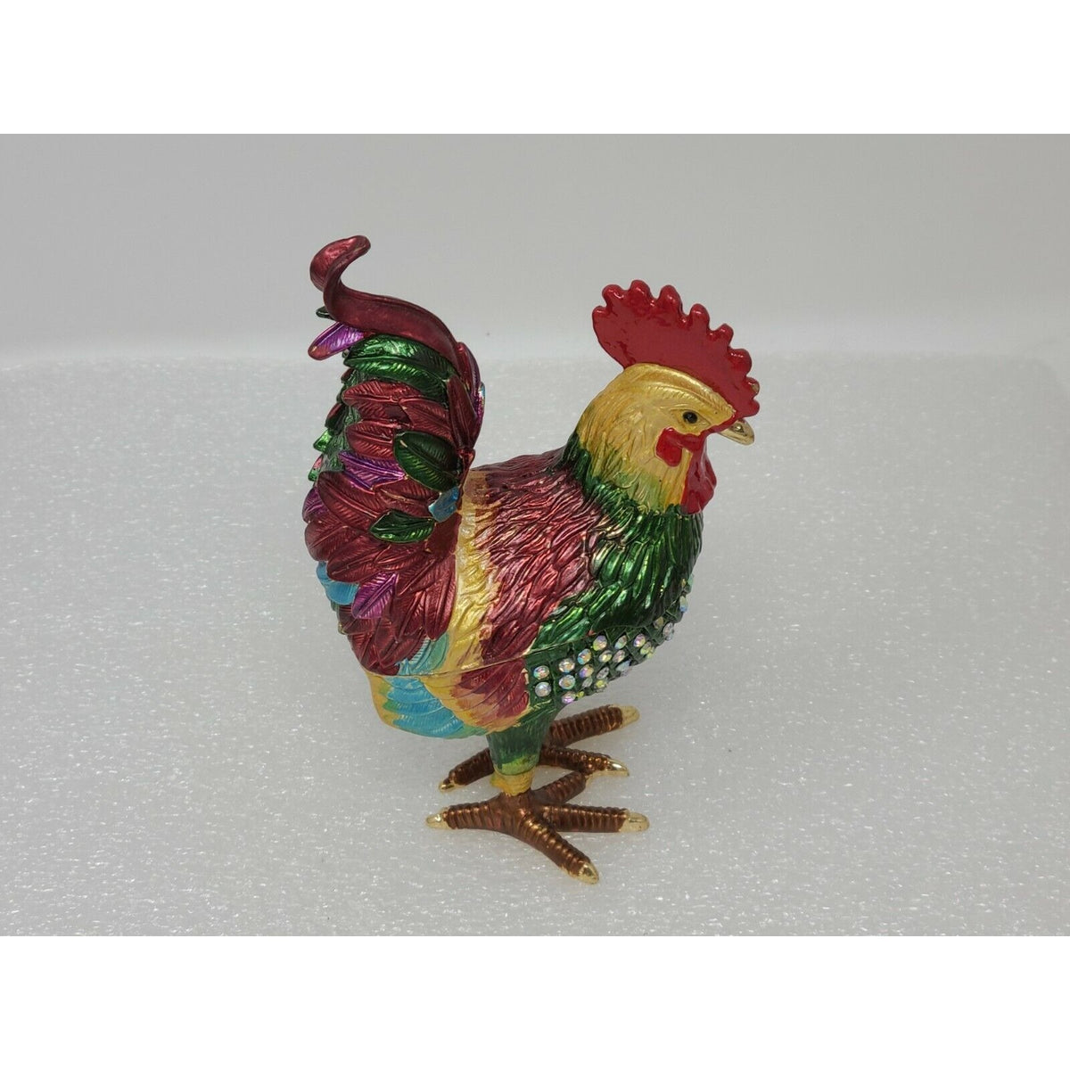 Rhinestone Enamel Rooster Trinket Jewelry Pill Box Hinged Chicken