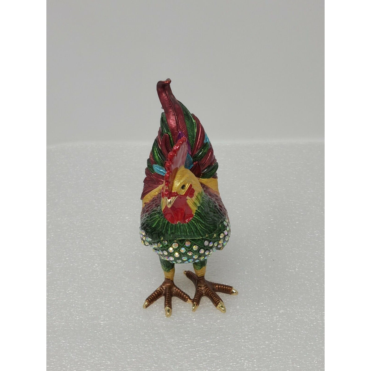 Rhinestone Enamel Rooster Trinket Jewelry Pill Box Hinged Chicken