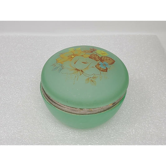 Vintage Alabaster Hinged Trinket Vanity Jewelry Box Light Green Floral Flowers