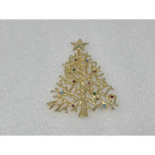 Vintage Christmas Tree Brooch w/ Multi Colored Rhinestones Gold Tone