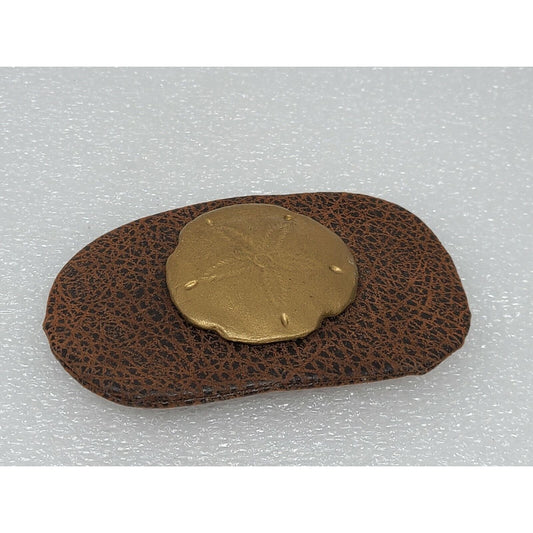 Vintage Brown Leather Hair Barrette W/ Gold Tone Sand Dollar