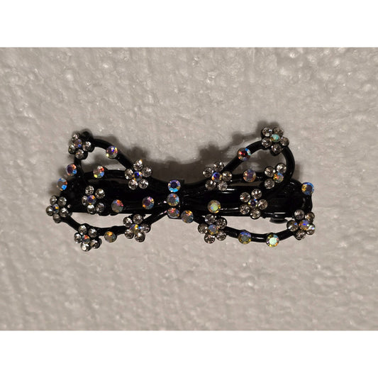 Rhinestone Black Metal Bow Hair Clip Barrette With Floral Design