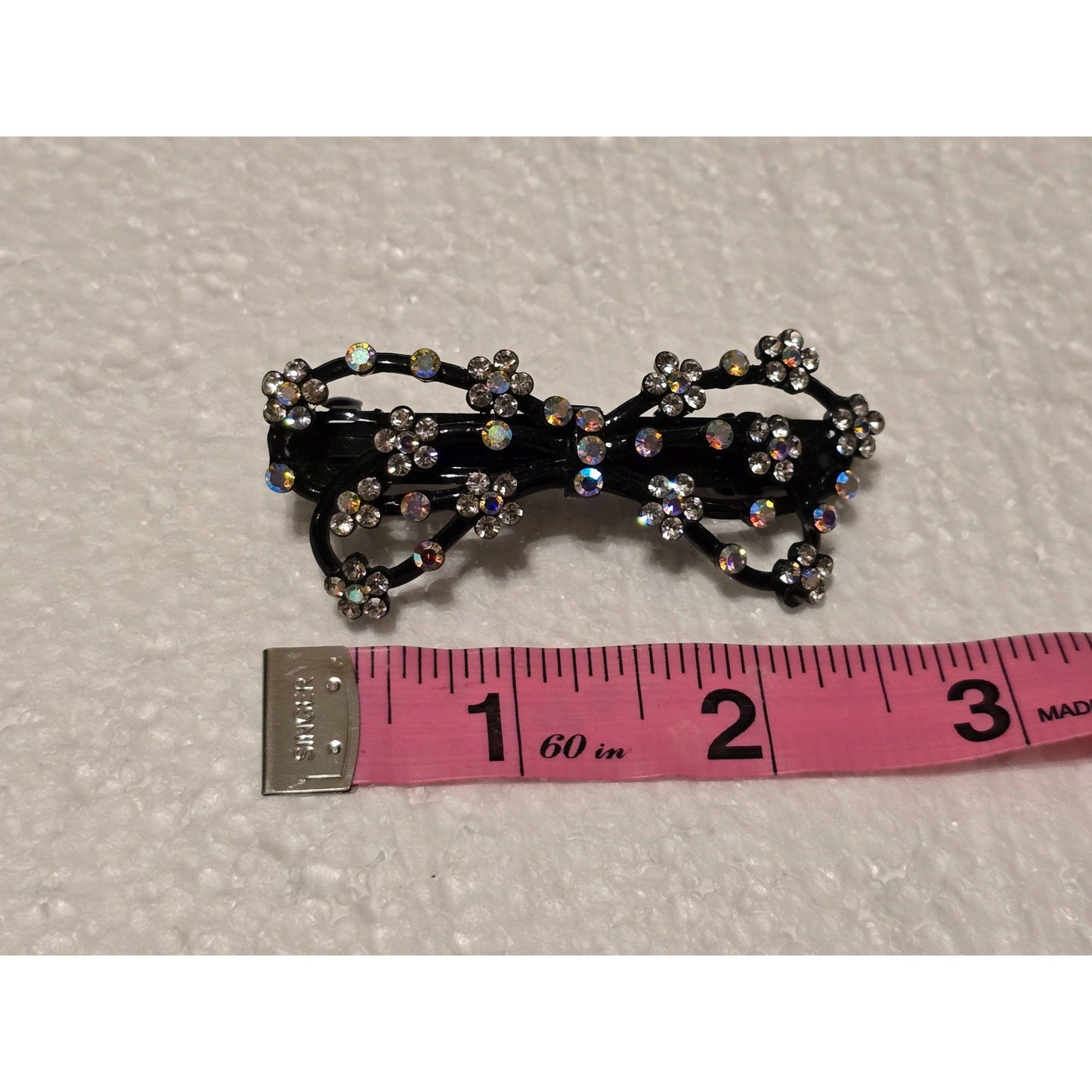 Rhinestone Black Metal Bow Hair Clip Barrette With Floral Design