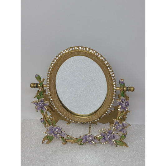 Vintage Dresser Tabletop Vanity Mirror W/Purple Flowers & Rhinestones