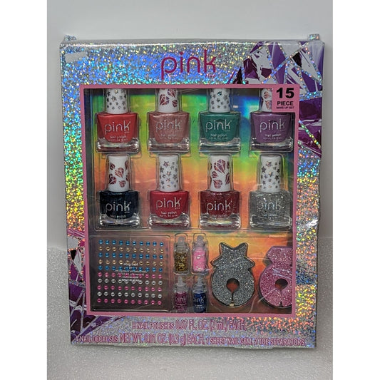 Pink 15 Piece Makeup Set Nail Polish Decals Gem