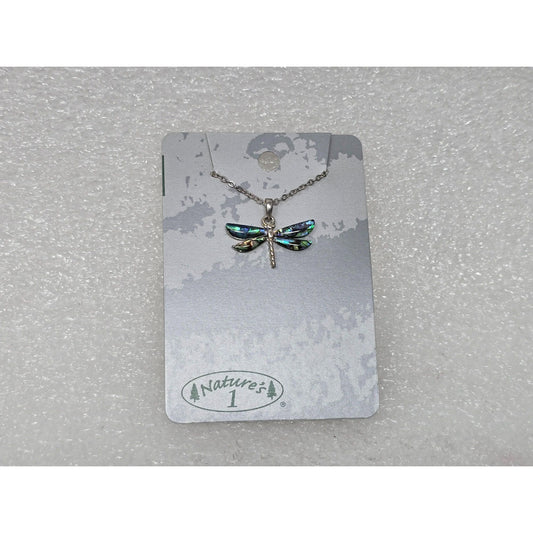 Nature’s 1 Dragonfly Necklace Abalone Shell Inlay Silver Tone Pendant