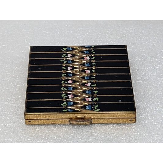 Vintage Volupte Goldtone Black Enamel Powder Makeup Compact With Flowers