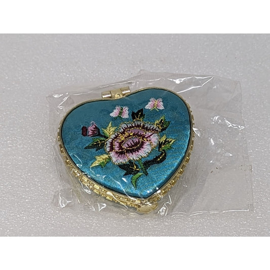 Embroidered Flower Hand Purse Mirror Compact Teal Heart Shaped