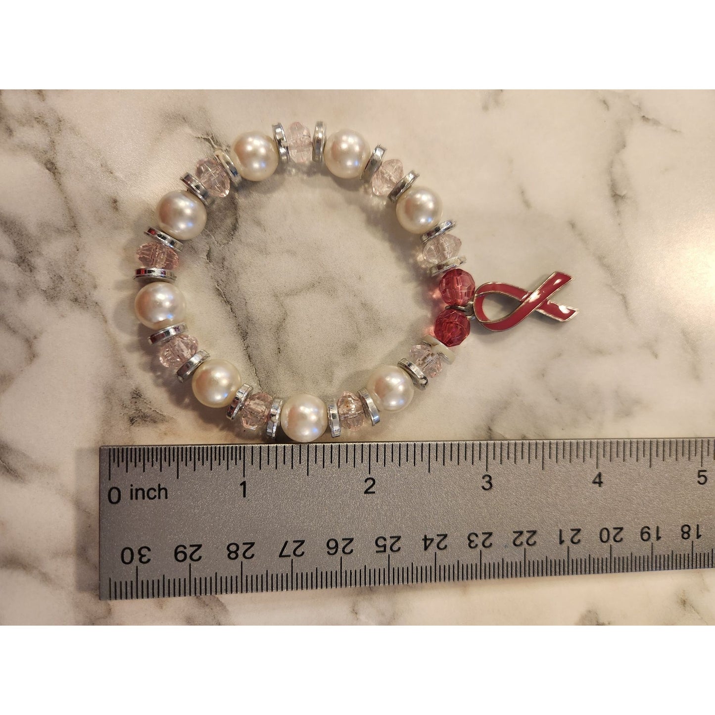 Beaded Awareness Faux Pearl Bracelet With Pearls & Red Ribbon Charm