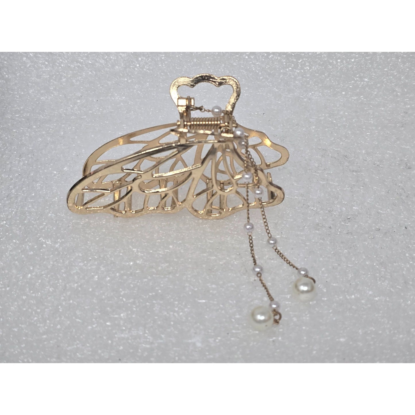 Elegant Gold Tone Butterfly Hair Claw Clip With Faux Pearl Dangling Chains