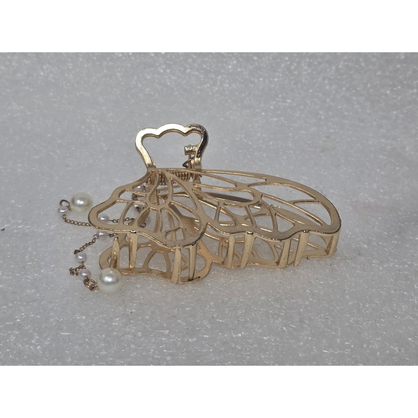 Elegant Gold Tone Butterfly Hair Claw Clip With Faux Pearl Dangling Chains