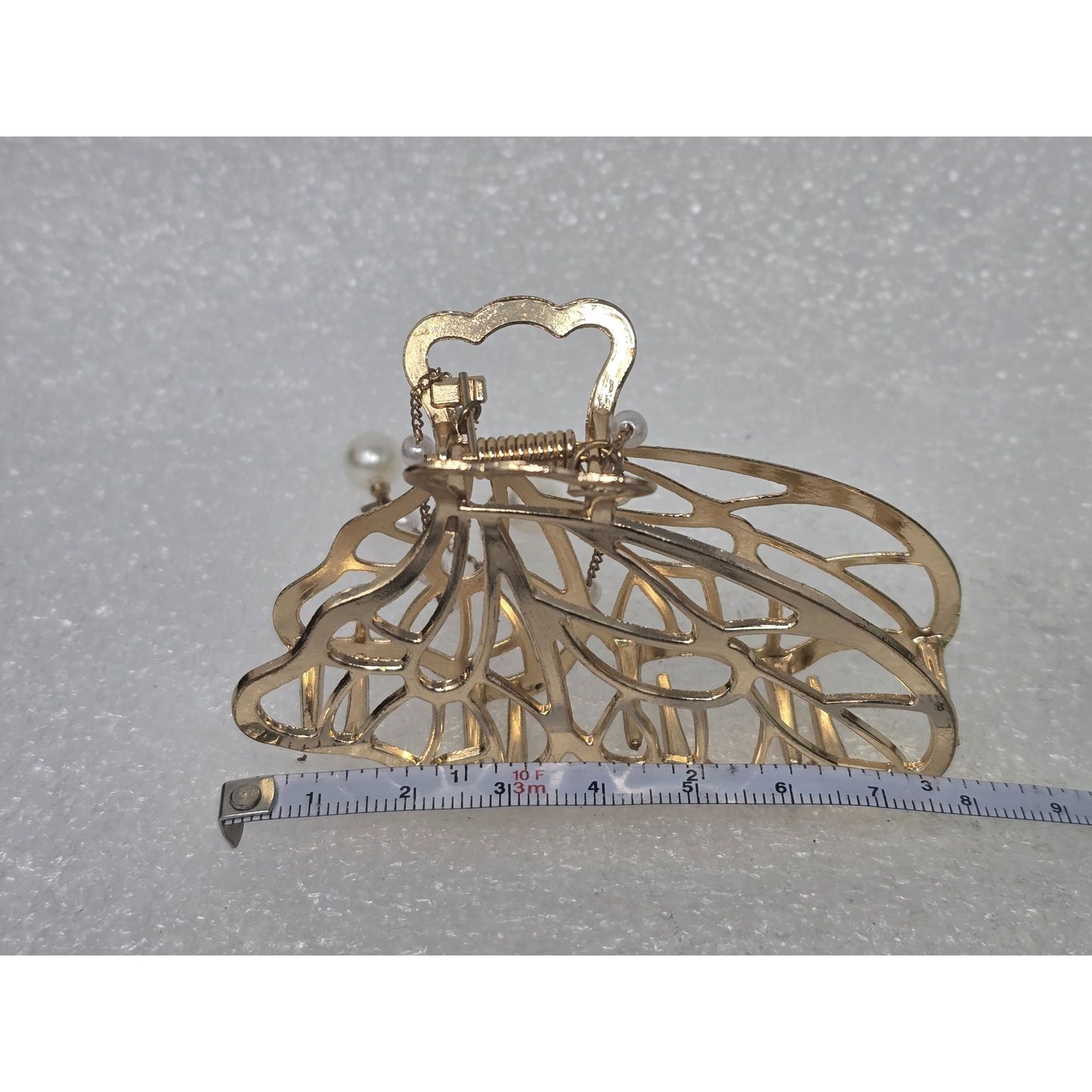 Elegant Gold Tone Butterfly Hair Claw Clip With Faux Pearl Dangling Chains