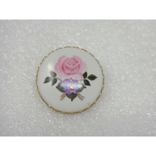 Vintage Rose Porcelain Brooch White W/ Pink & Purple Flowers Gold Tone Trim Flor