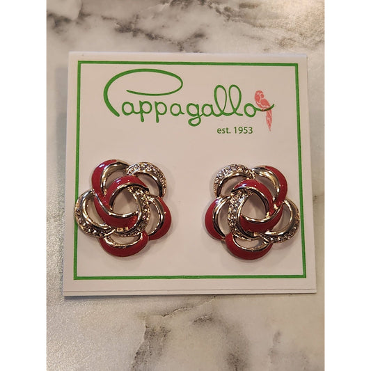 Pappagallo Red & Gold Intertwined Flower Stud Earrings With Crystals