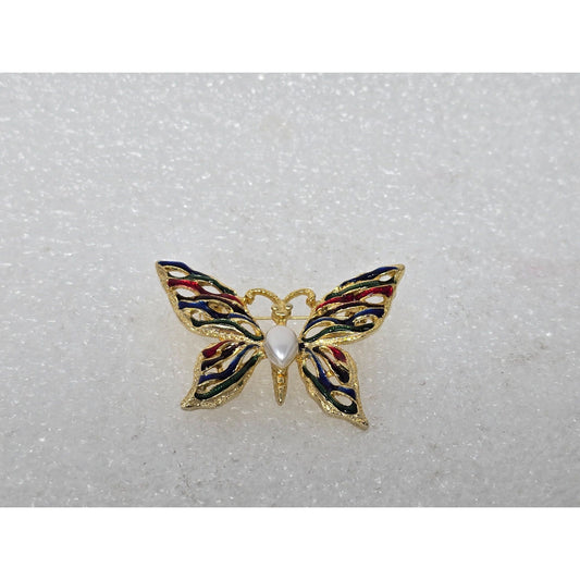 Vintage Vendome Gold Tone Enamel Butterfly Brooch Faux Pearl Multicolor Wings