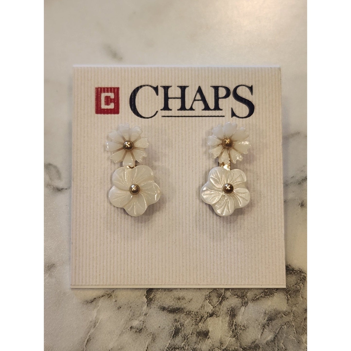 Chaps White Flower Drop Earrings With Gold Accents
