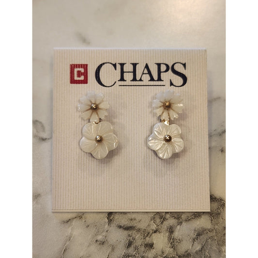 Chaps White Flower Drop Earrings With Gold Accents