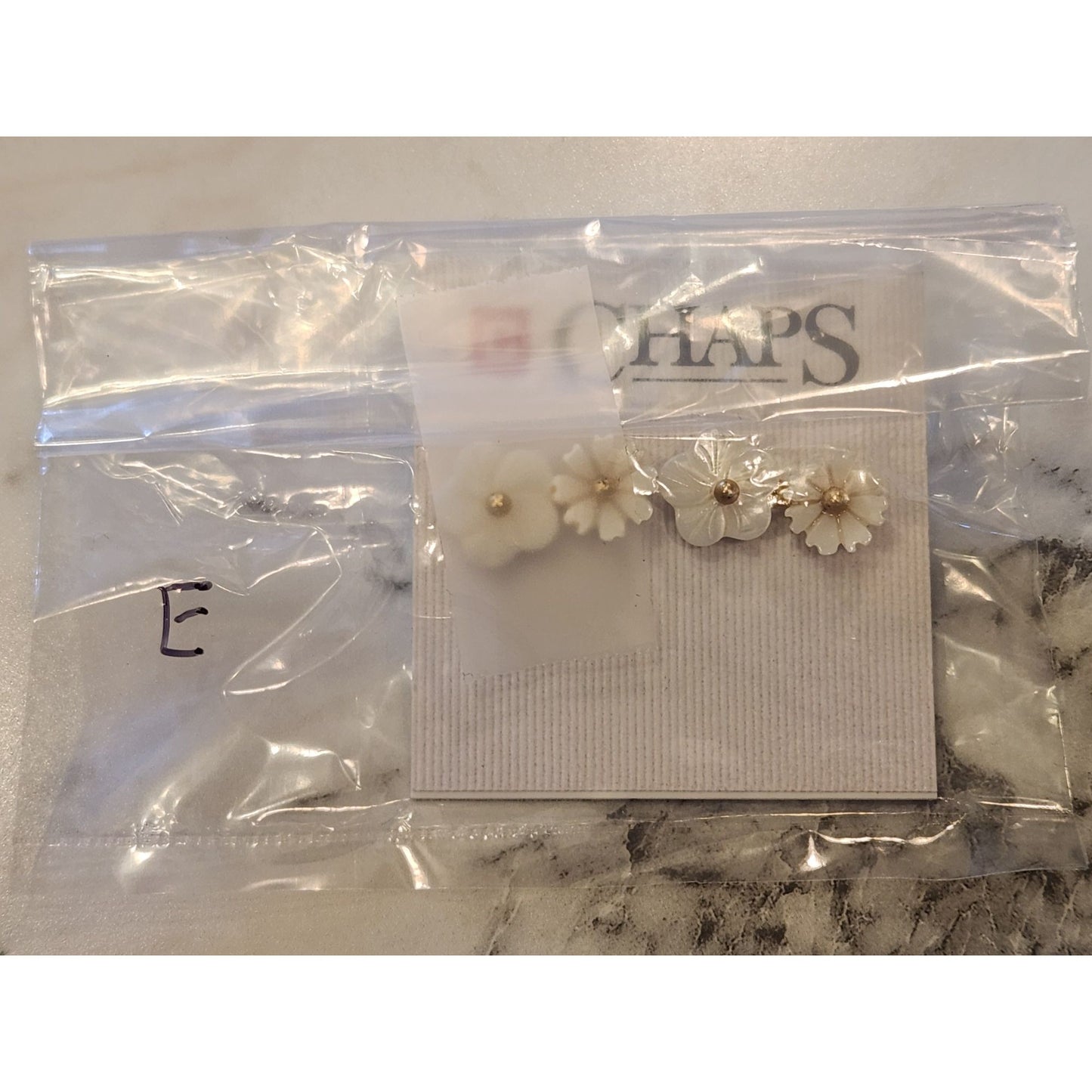 Chaps White Flower Drop Earrings With Gold Accents