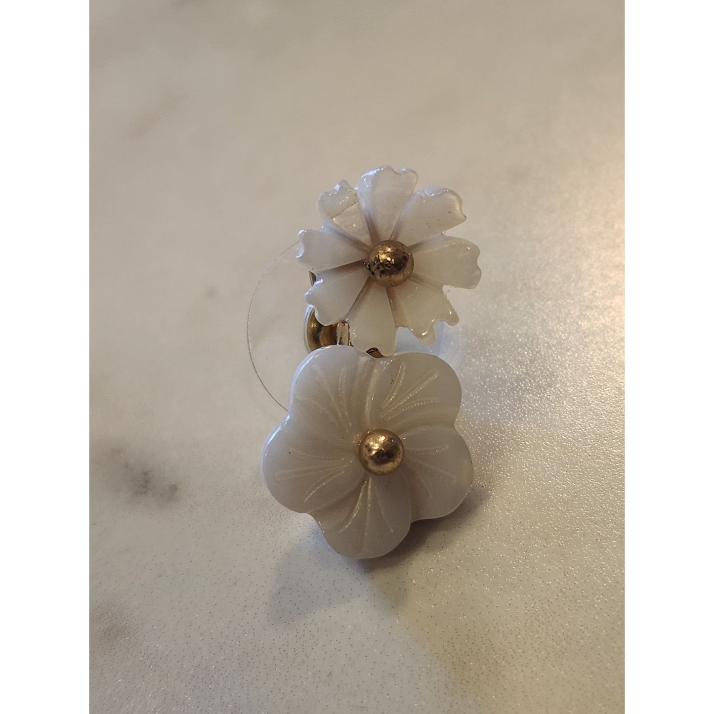 Chaps White Flower Drop Earrings With Gold Accents