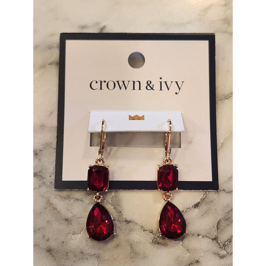 Gold-Tone Crown & Ivy Red Gem Drop Earrings For Women
