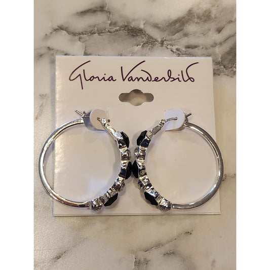 Gloria Vanderbilt Silver-Tone Hoop Earrings With Black & Clear Crystal Accents