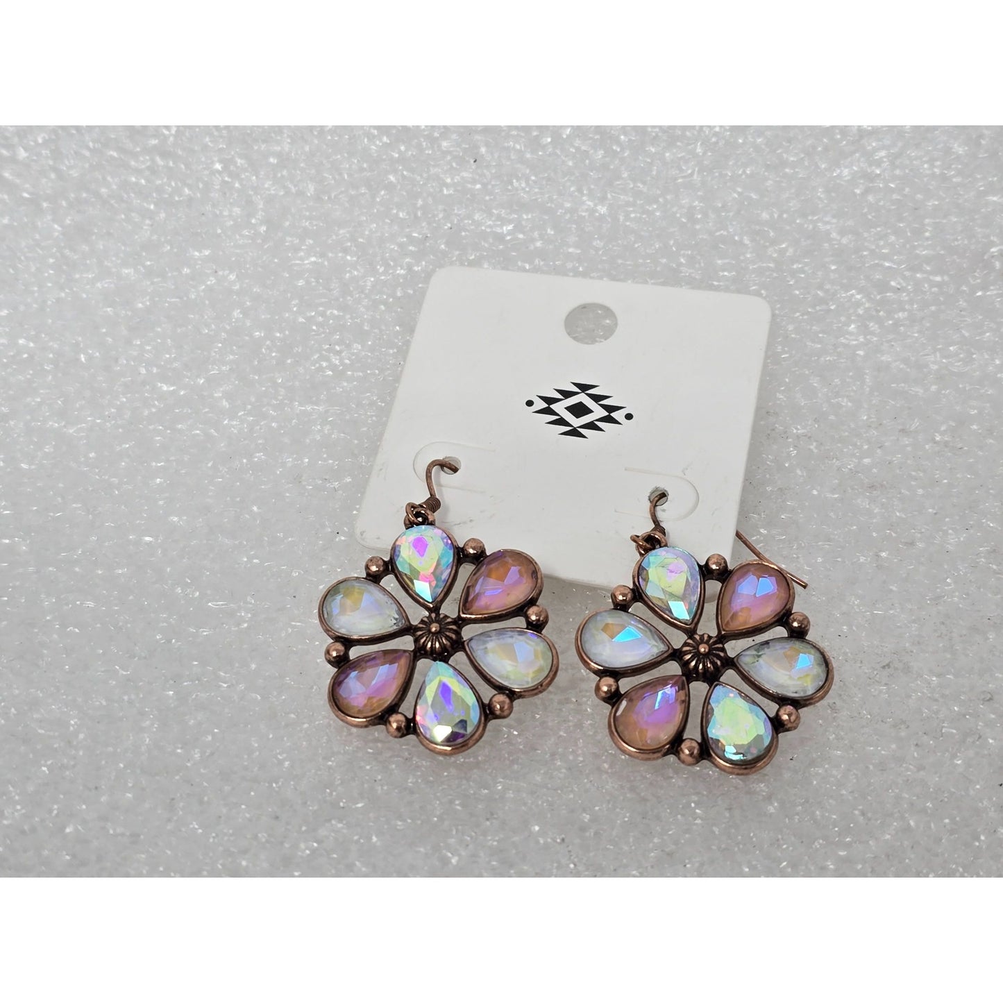 Copper Tone & Iridescent Teardrop Flower Dangle Earrings