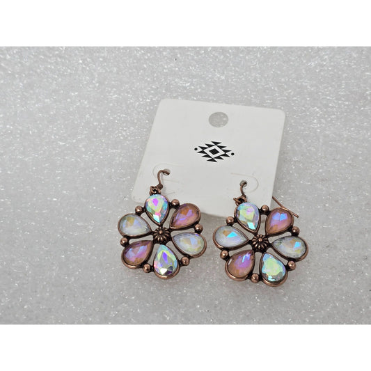 Copper Tone & Iridescent Teardrop Flower Dangle Earrings