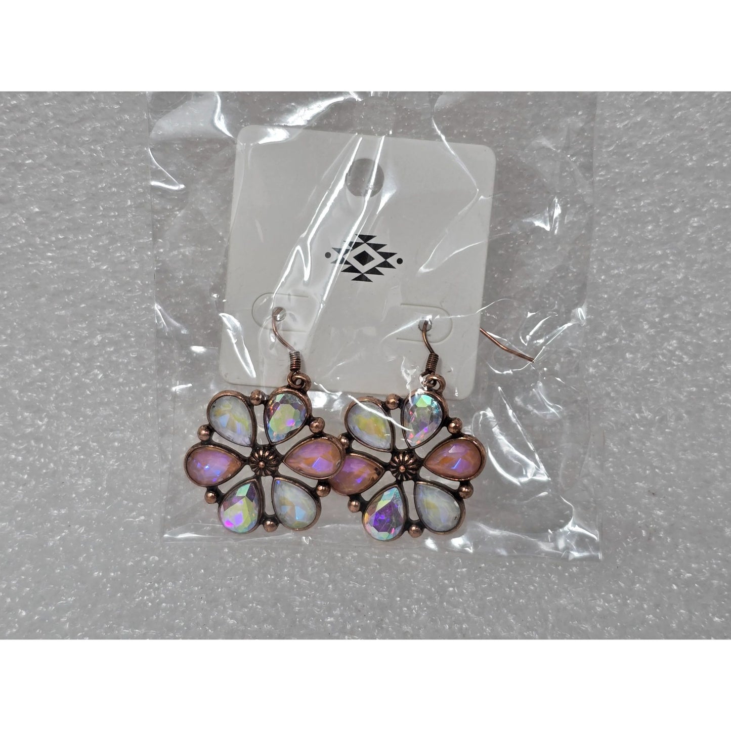 Copper Tone & Iridescent Teardrop Flower Dangle Earrings