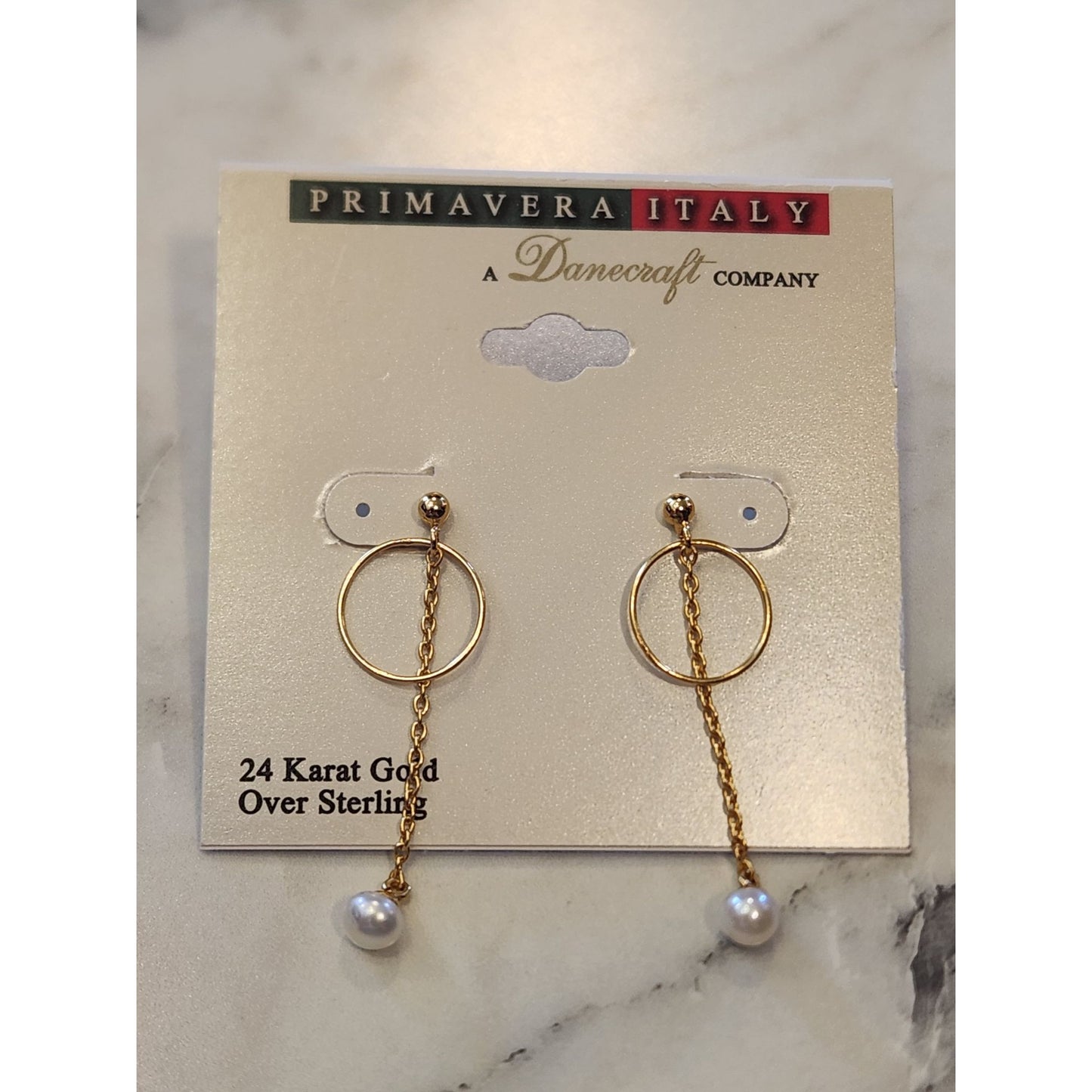 Primavera Italy 24K Gold Over Sterling Dangle Earrings Chain & Faux Pearl Drop