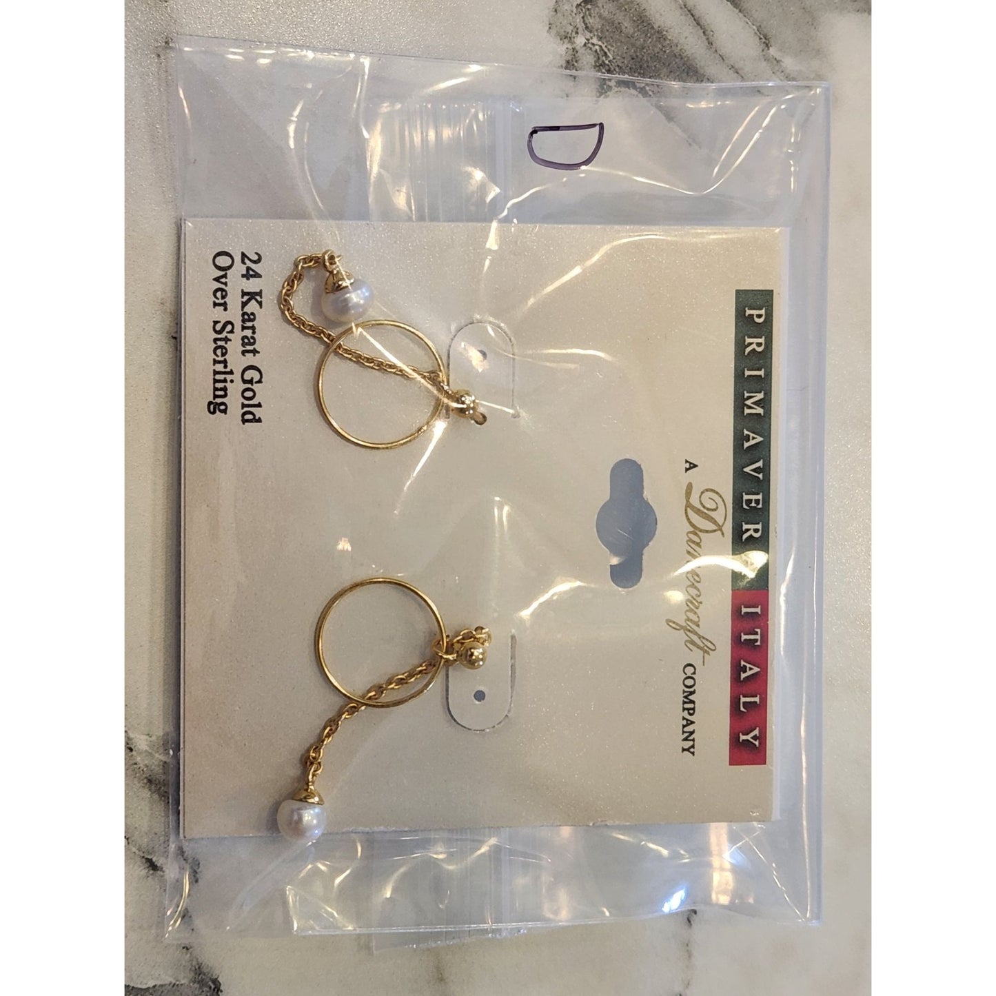 Primavera Italy 24K Gold Over Sterling Dangle Earrings Chain & Faux Pearl Drop