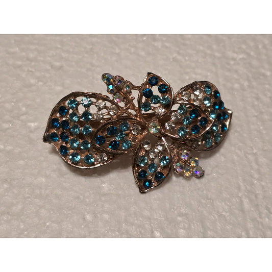 Gold-Tone Rhinestone Butterfly Hair Clip Barrette With Blue & Clear Crystals