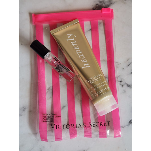 Victoria's Secret Heavenly Gift Set 1 Oz Body Lotion & Mini Perfume Travel Pouch